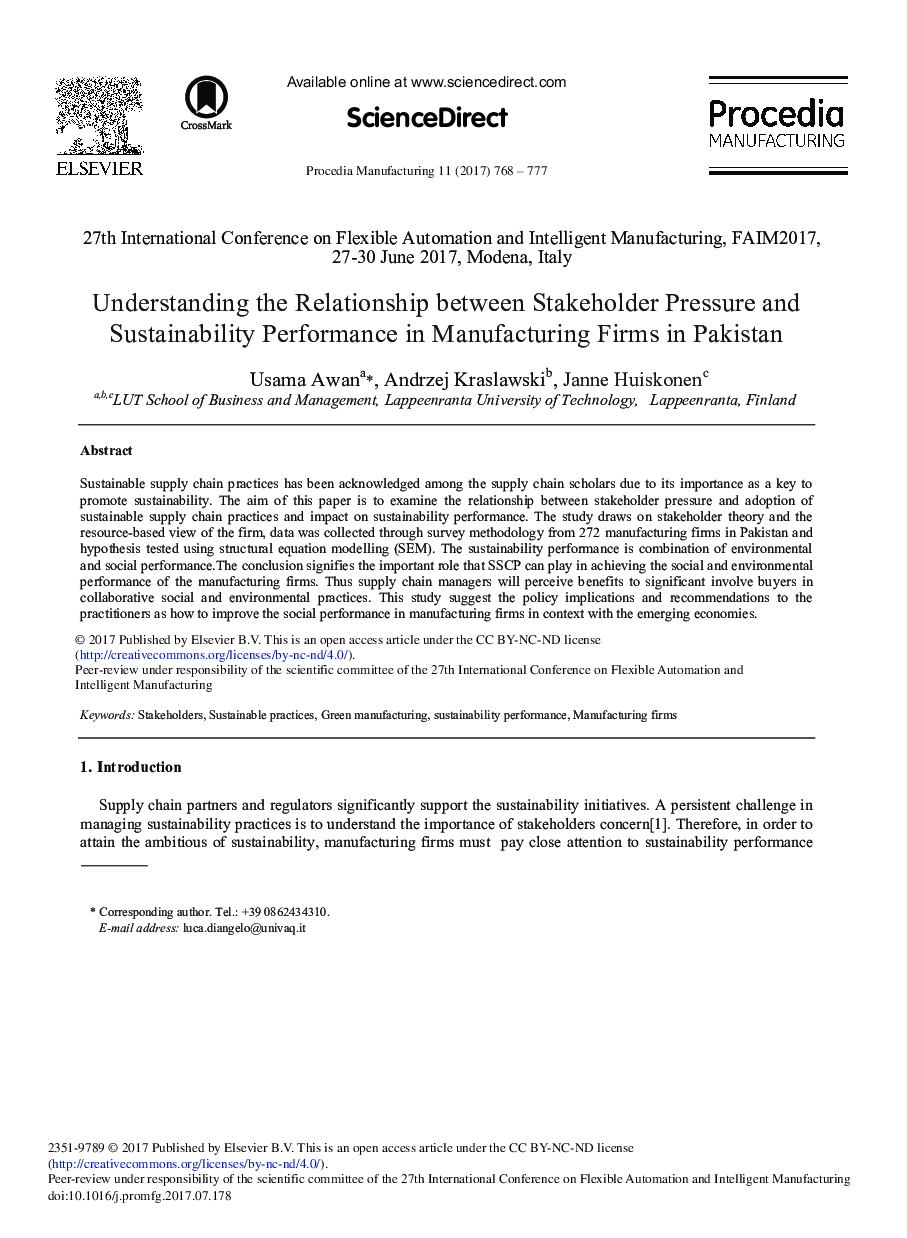 Understanding the Relationship between Stakeholder Pressure and Sustainability Performance in Manufacturing Firms in Pakistan