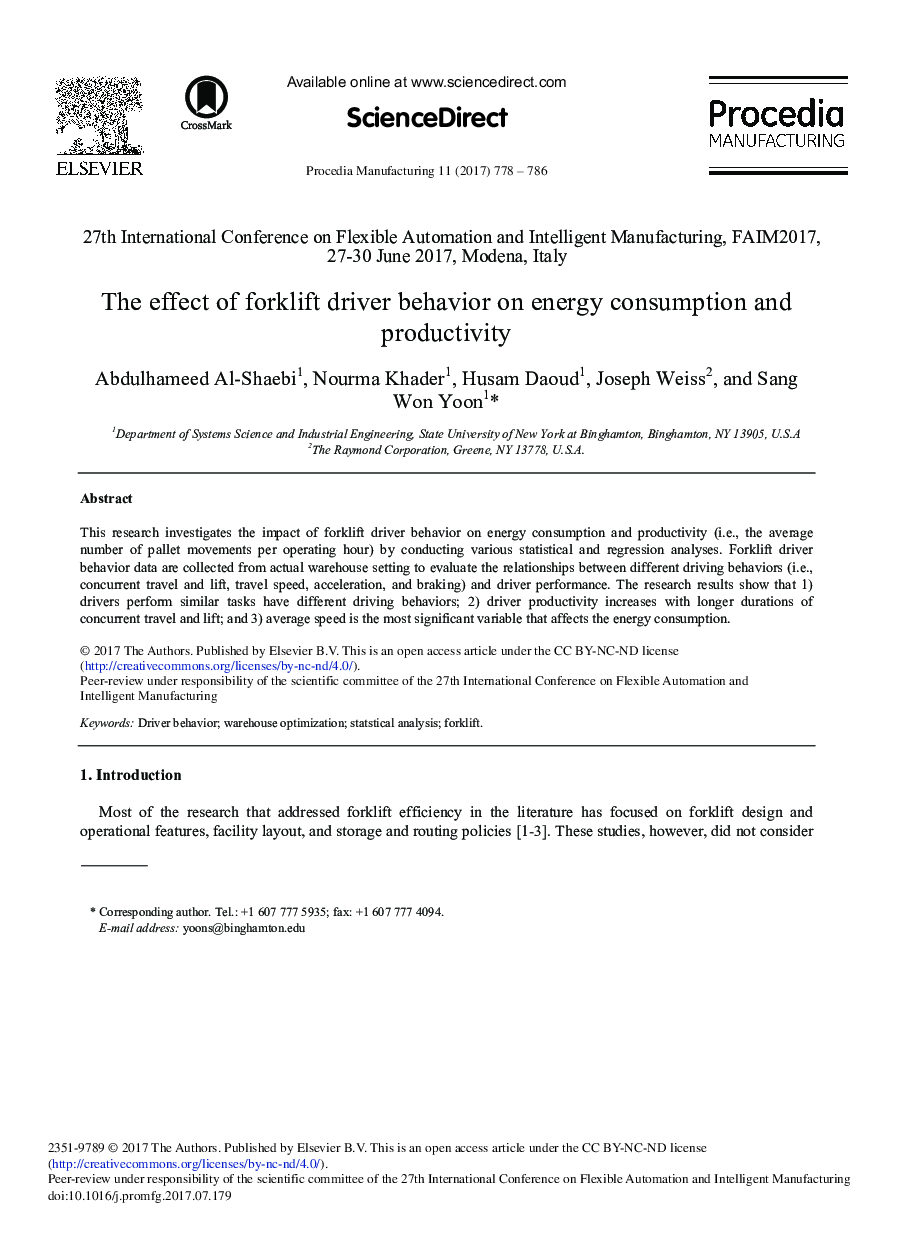 The Effect of Forklift Driver Behavior on Energy Consumption and Productivity