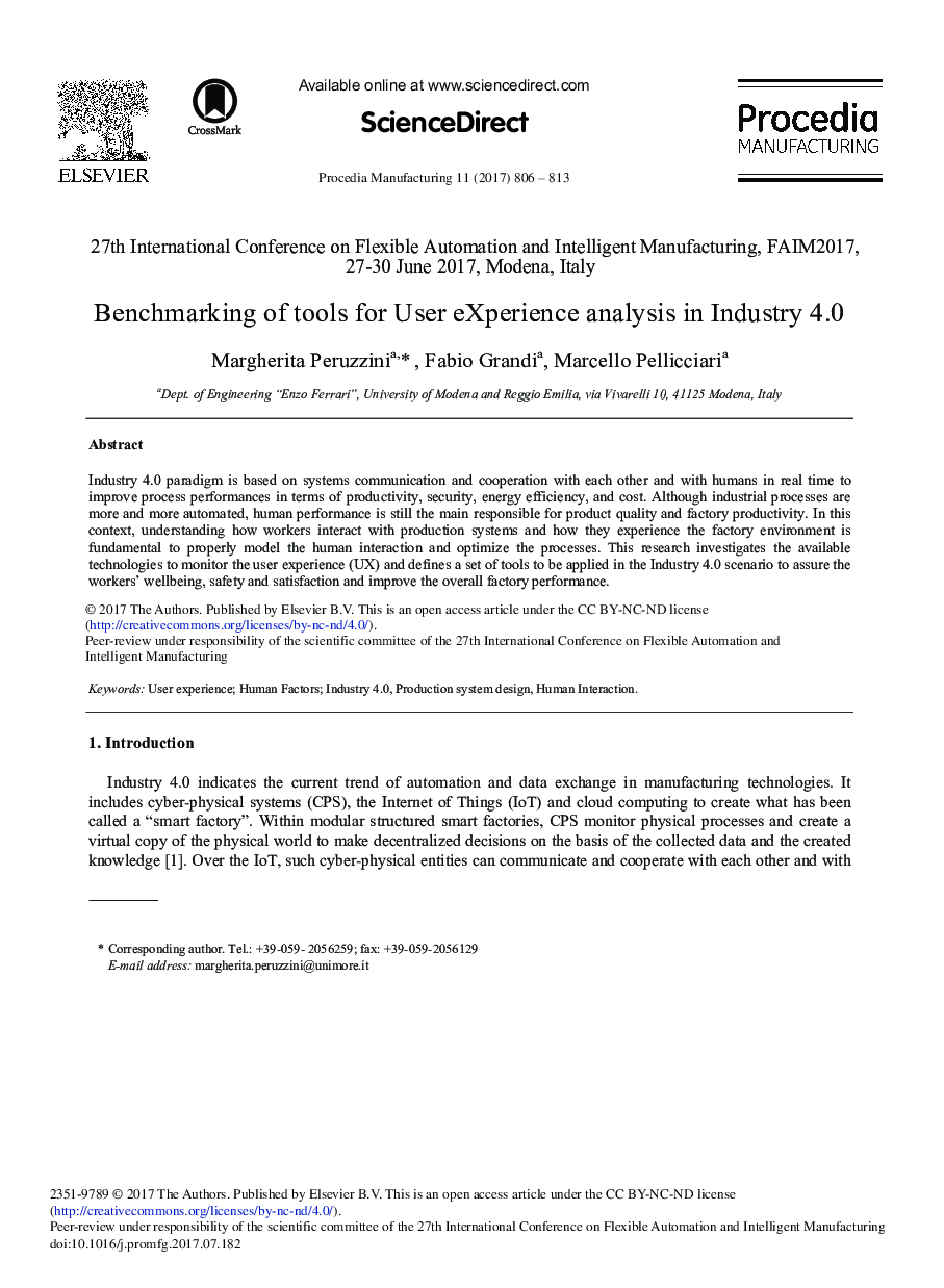 Benchmarking of Tools for User Experience Analysis in Industry 4.0