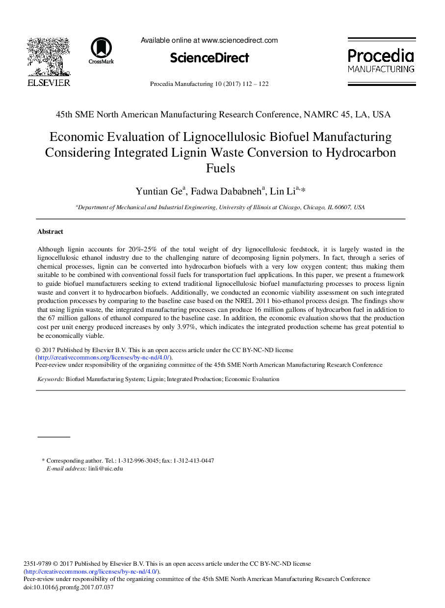 Economic Evaluation of Lignocellulosic Biofuel Manufacturing Considering Integrated Lignin Waste Conversion to Hydrocarbon Fuels