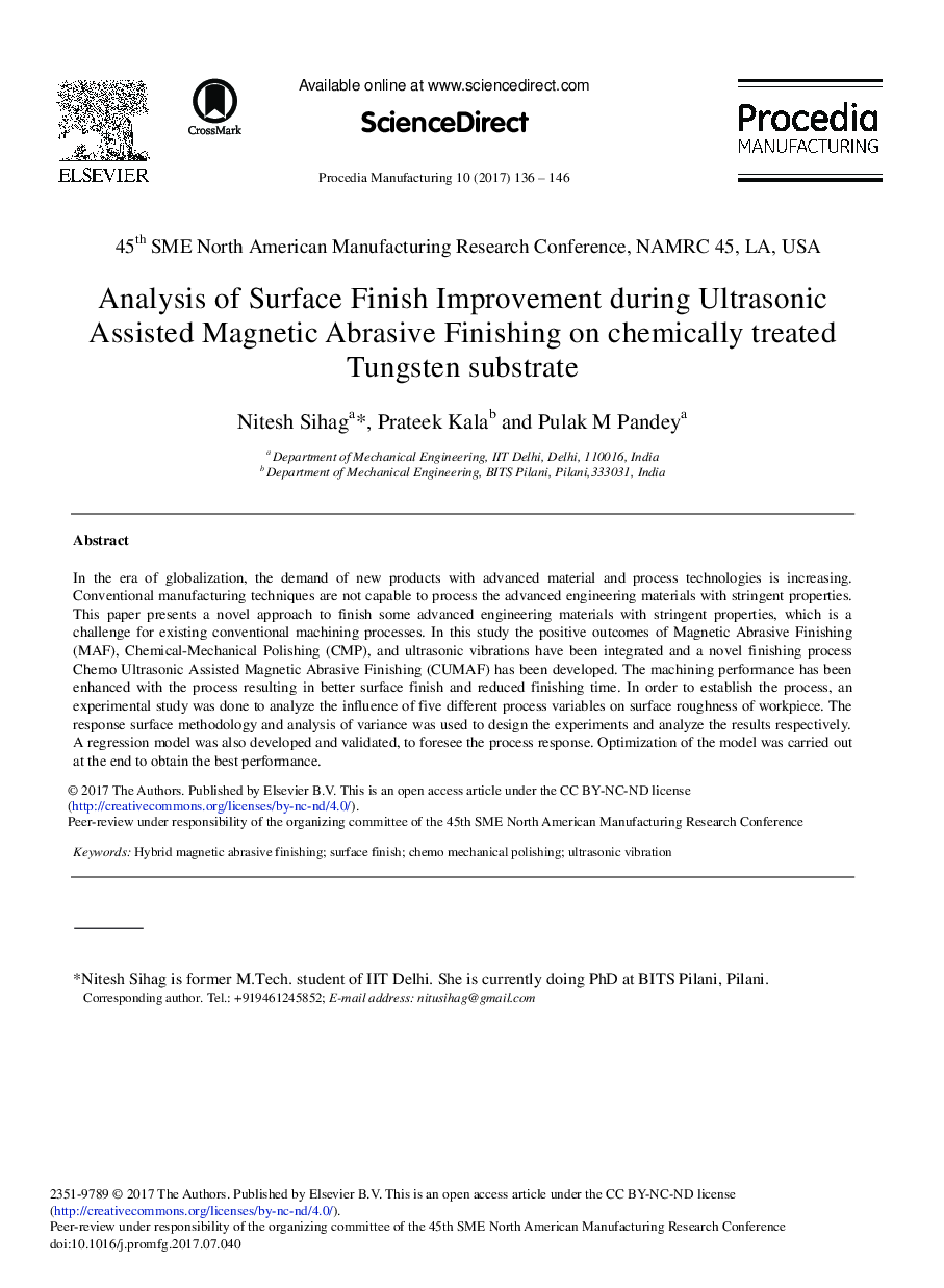 Analysis of Surface Finish Improvement during Ultrasonic Assisted Magnetic Abrasive Finishing on Chemically treated Tungsten Substrate