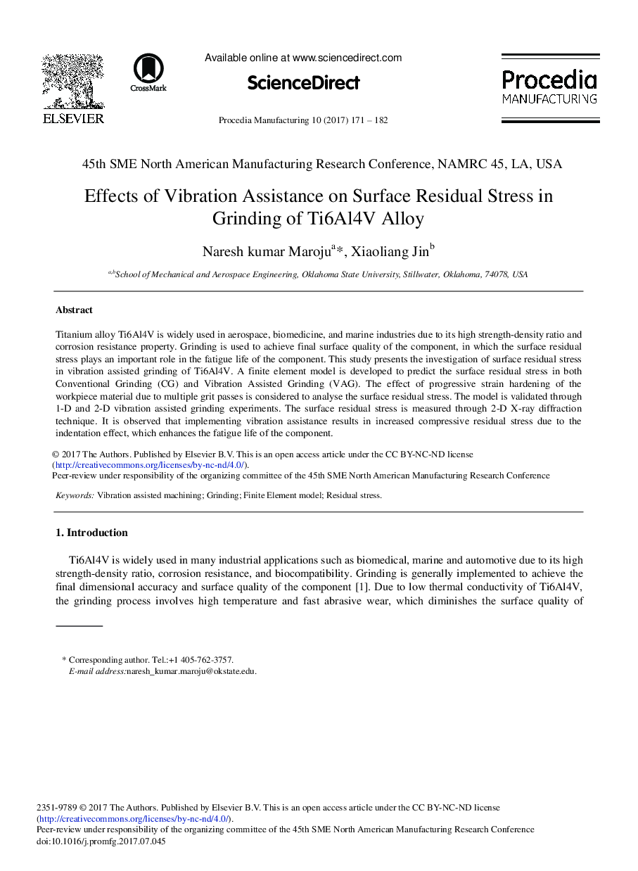 Effects of Vibration Assistance on Surface Residual Stress in Grinding of Ti6Al4V Alloy