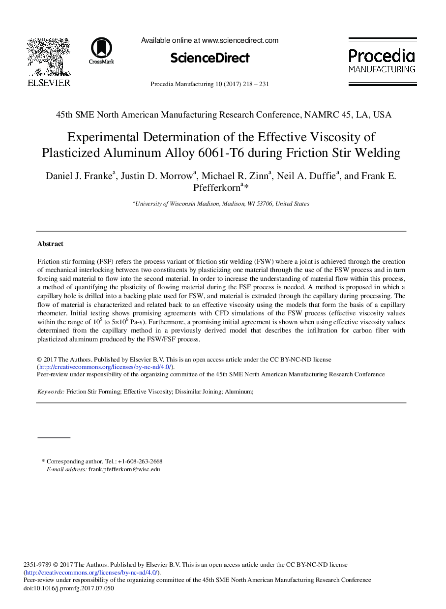 Experimental Determination of the Effective Viscosity of Plasticized Aluminum Alloy 6061-T6 during Friction Stir Welding