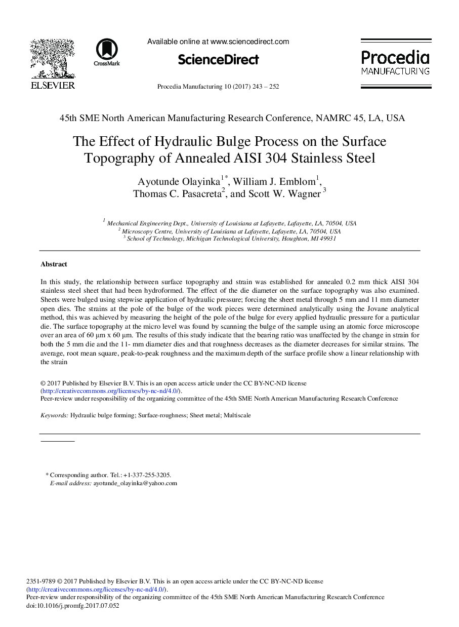 The Effect of Hydraulic Bulge Process on the Surface Topography of Annealed AISI 304 Stainless Steel