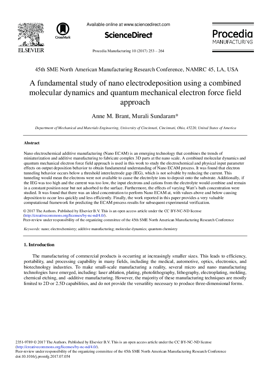 A Fundamental Study of Nano Electrodeposition Using a Combined Molecular Dynamics and Quantum Mechanical Electron Force Field Approach