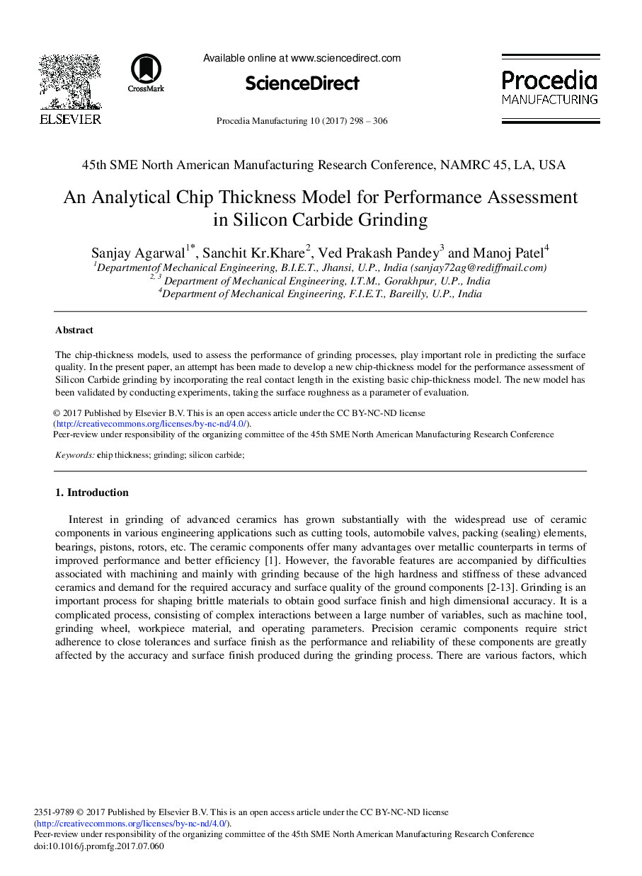 An Analytical Chip Thickness Model for Performance Assessment in Silicon Carbide Grinding