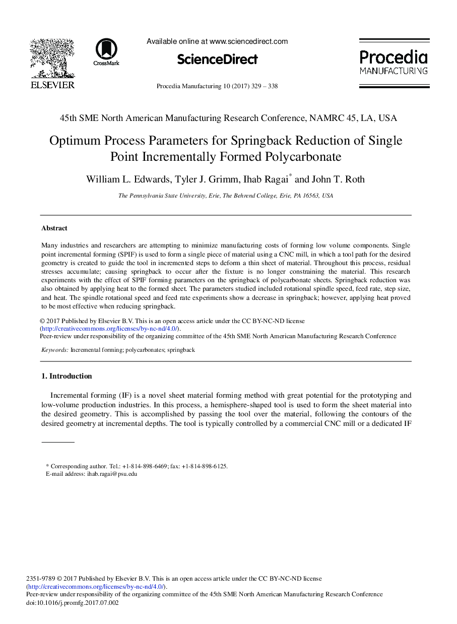 Optimum Process Parameters for Springback Reduction of Single Point Incrementally Formed Polycarbonate