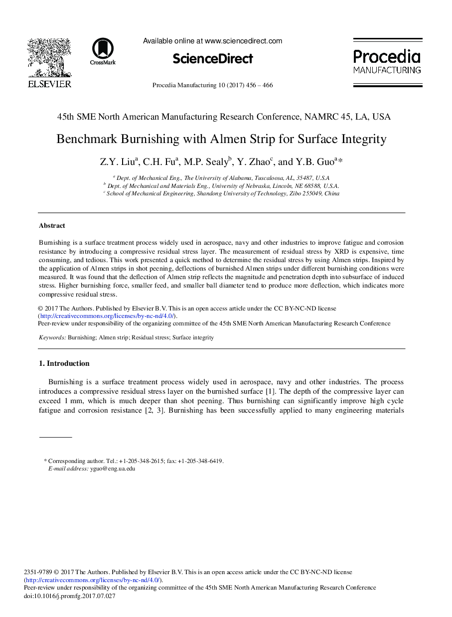 Benchmark Burnishing with Almen Strip for Surface Integrity