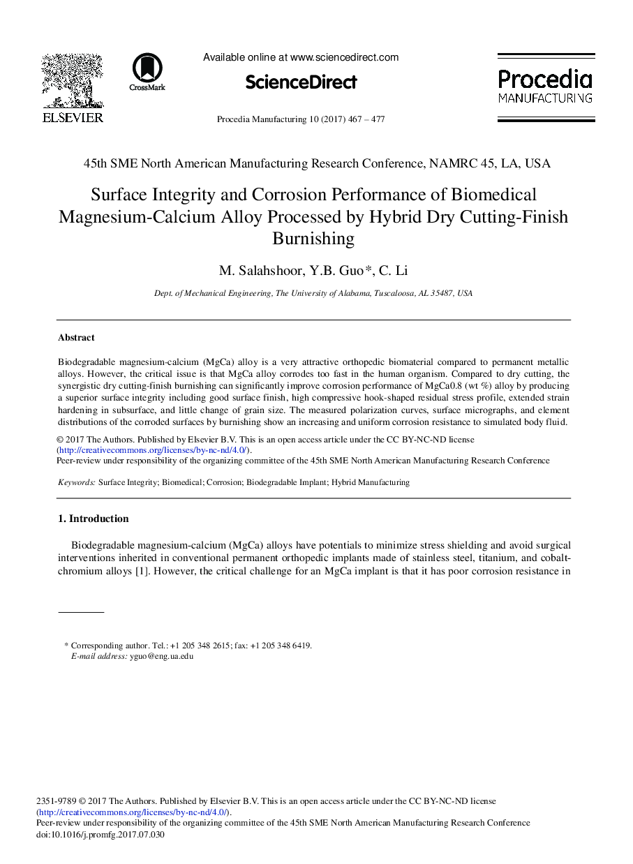 Surface Integrity and Corrosion Performance of Biomedical Magnesium-calcium Alloy Processed by Hybrid Dry Cutting-finish Burnishing