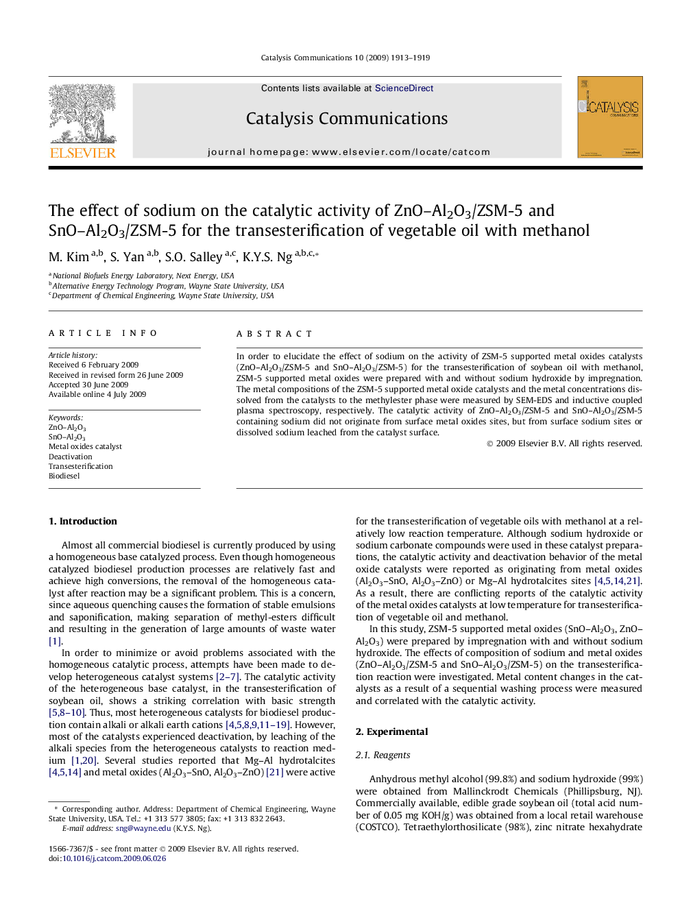 The effect of sodium on the catalytic activity of ZnO–Al2O3/ZSM-5 and SnO–Al2O3/ZSM-5 for the transesterification of vegetable oil with methanol