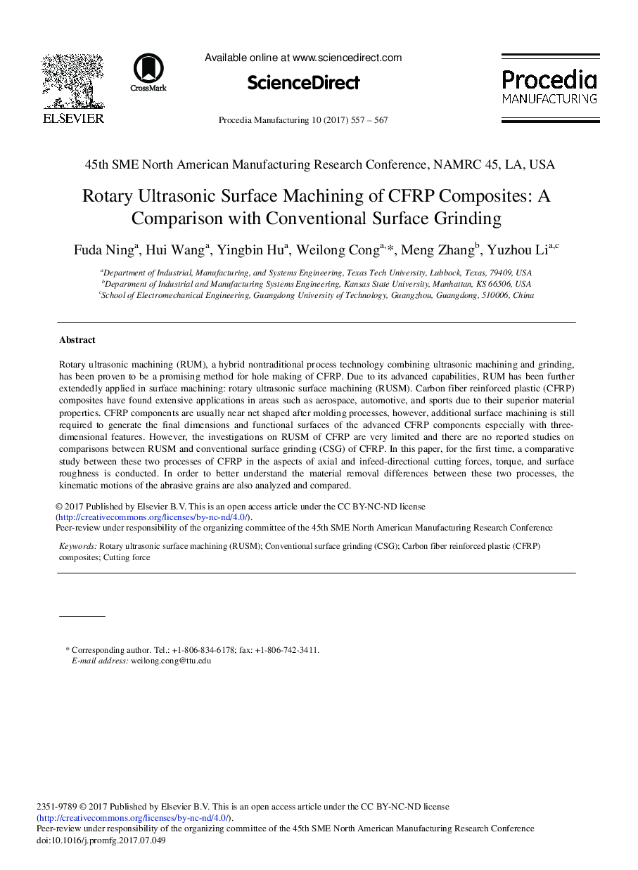 Rotary Ultrasonic Surface Machining of CFRP Composites: A Comparison with Conventional Surface Grinding