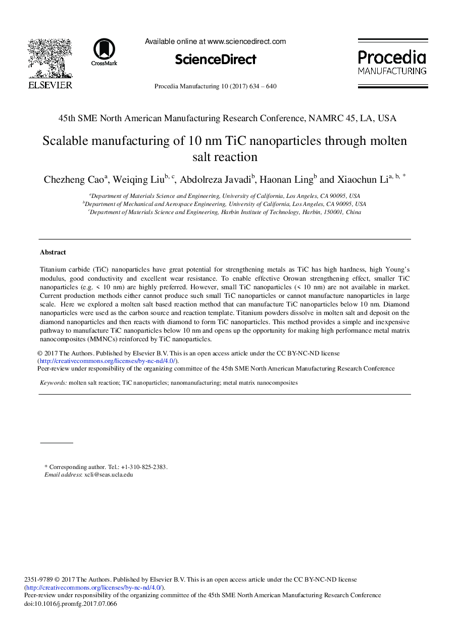 Scalable Manufacturing of 10 nm TiC Nanoparticles through Molten Salt Reaction