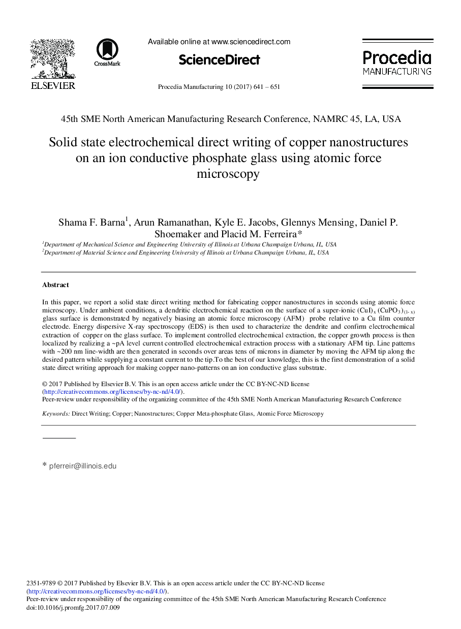 Solid State Electrochemical Direct Writing of Copper Nanostructures on an Ion Conductive Phosphate Glass Using Atomic Force Microscopy