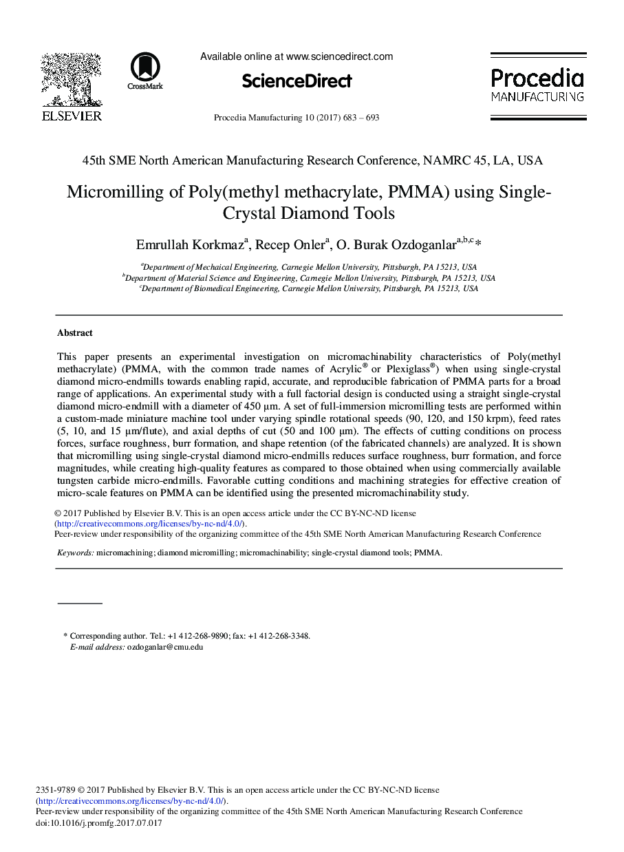 Micromilling of Poly(methyl methacrylate, PMMA) Using Single-Crystal Diamond Tools