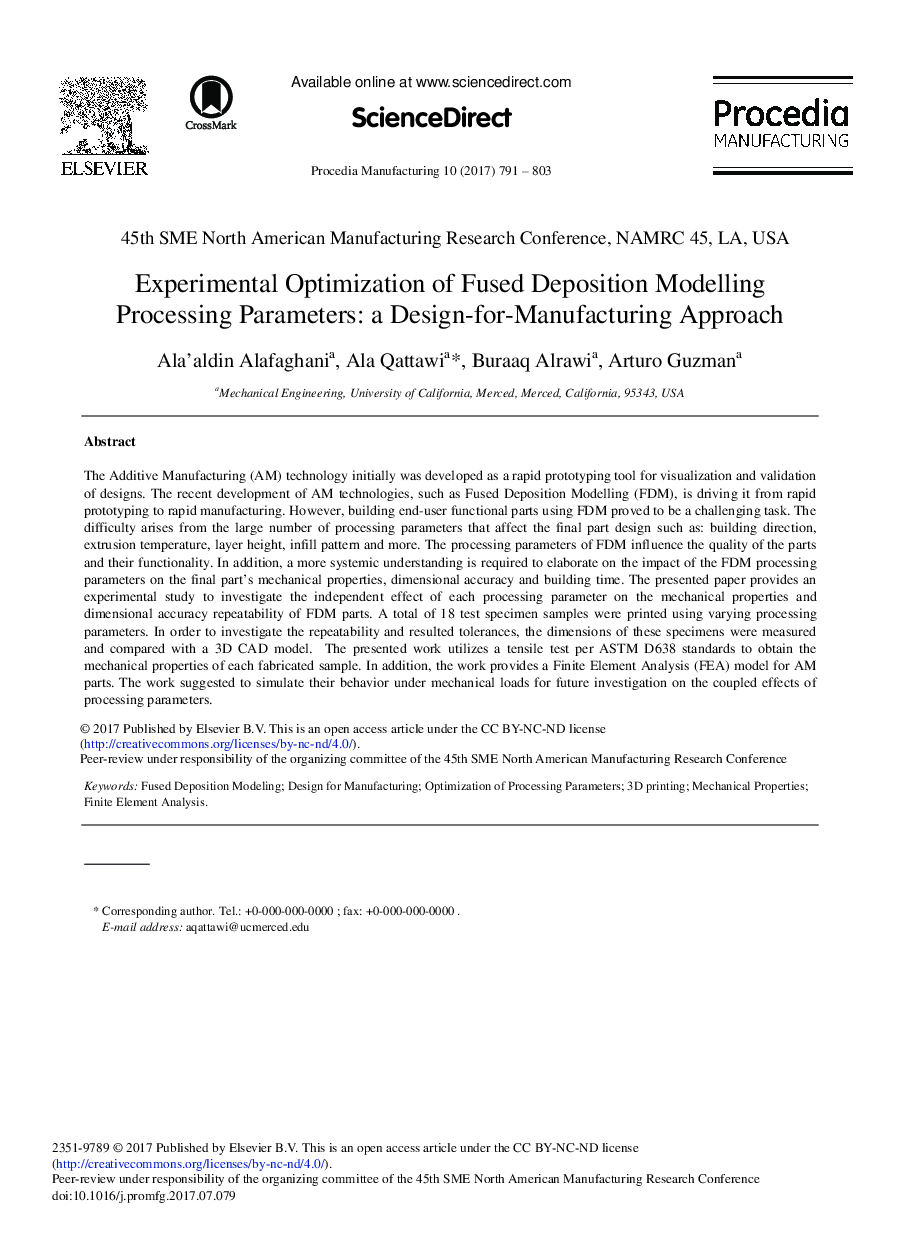 Experimental Optimization of Fused Deposition Modelling Processing Parameters: A Design-for-Manufacturing Approach