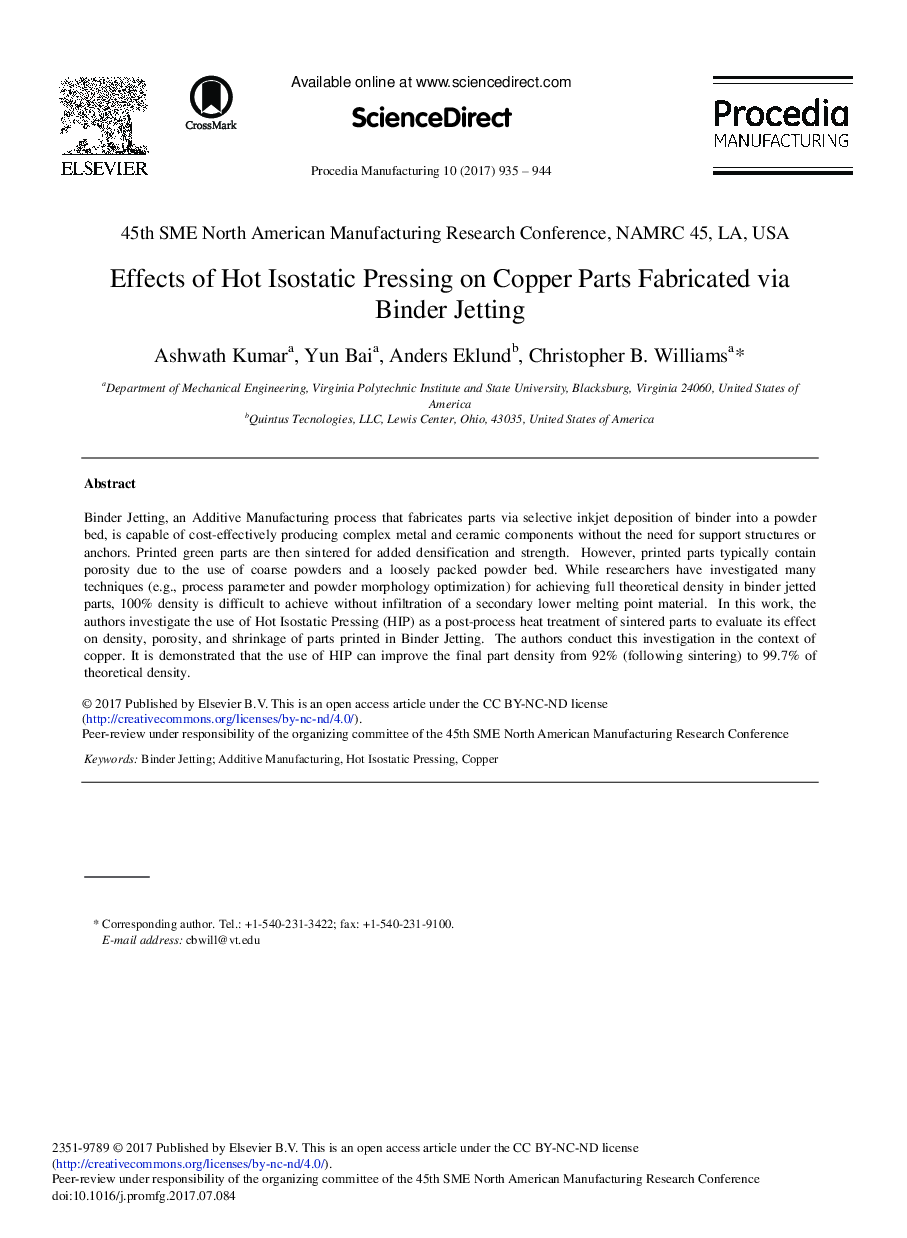 Effects of Hot Isostatic Pressing on Copper Parts Fabricated via Binder Jetting