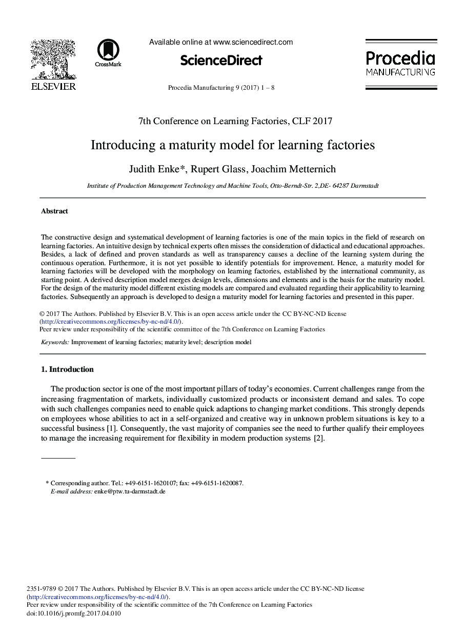 Introducing a Maturity Model for Learning Factories