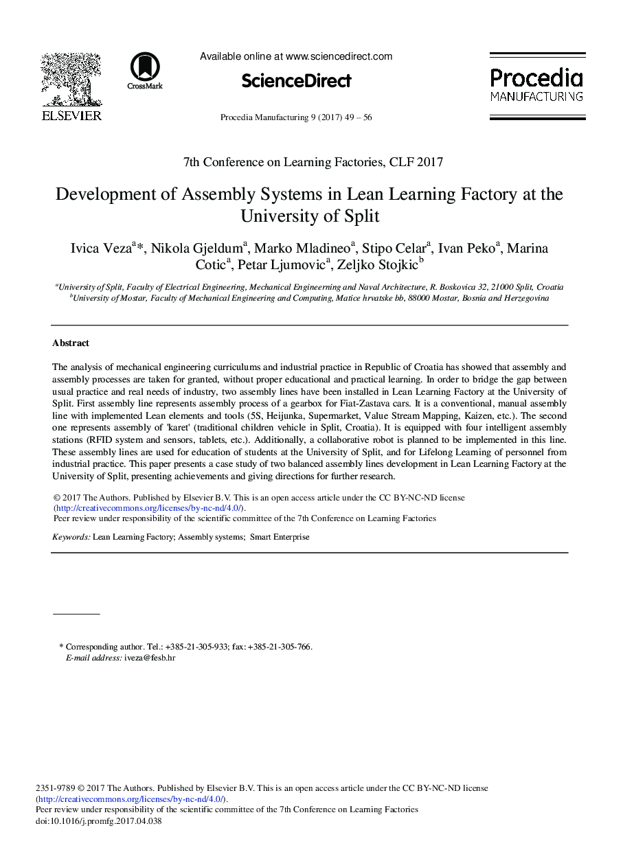 Development of Assembly Systems in Lean Learning Factory at the University of Split