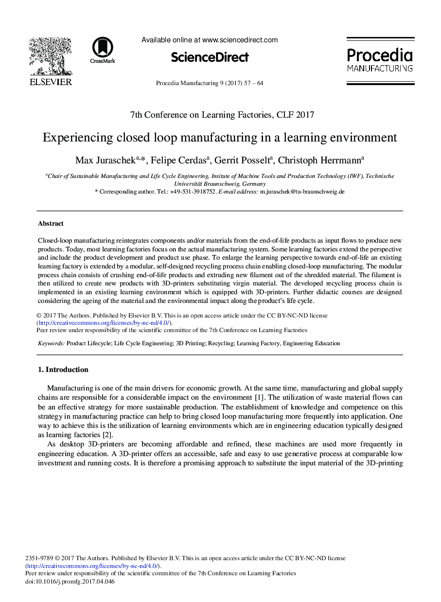 Experiencing Closed Loop Manufacturing in a Learning Environment