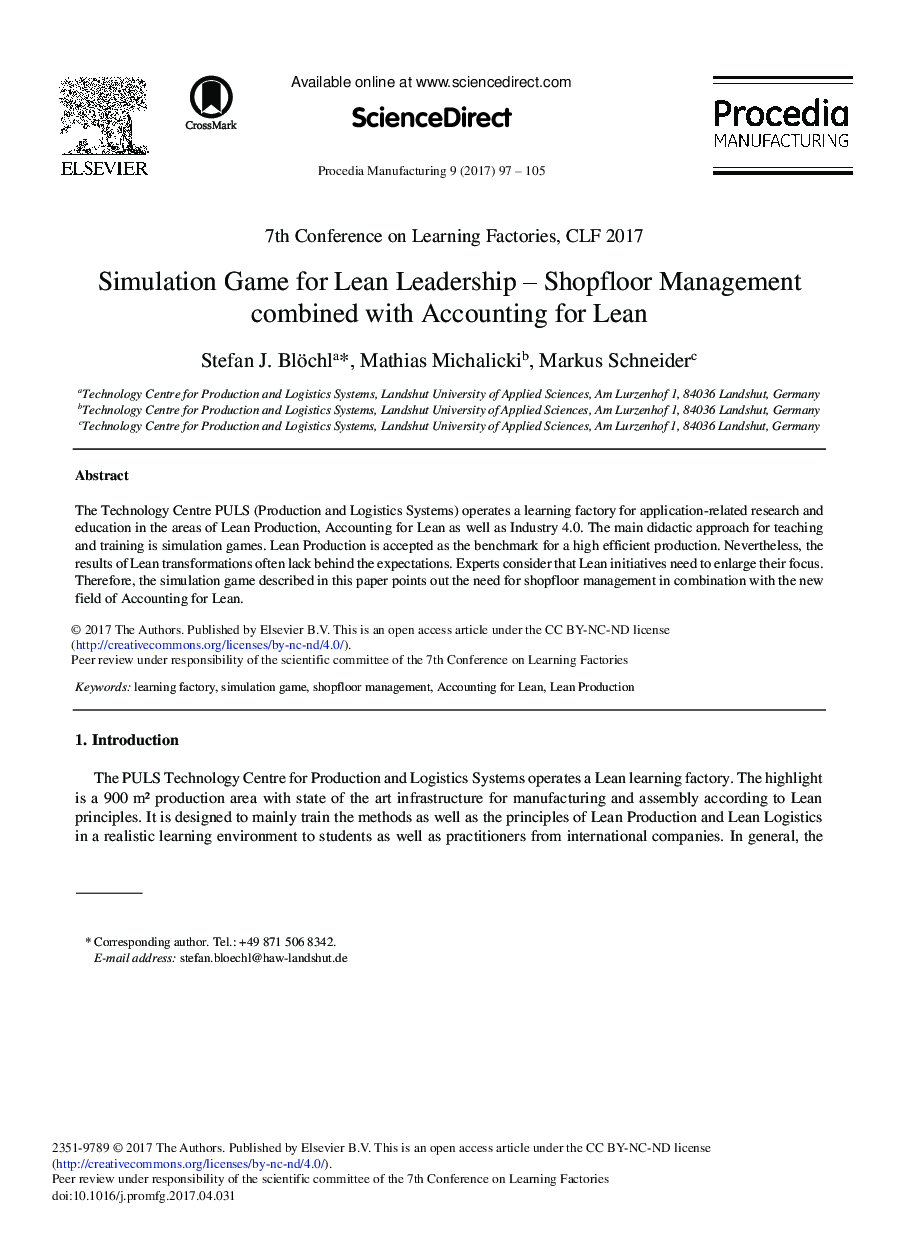 Simulation Game for Lean Leadership - Shopfloor Management Combined with Accounting for Lean