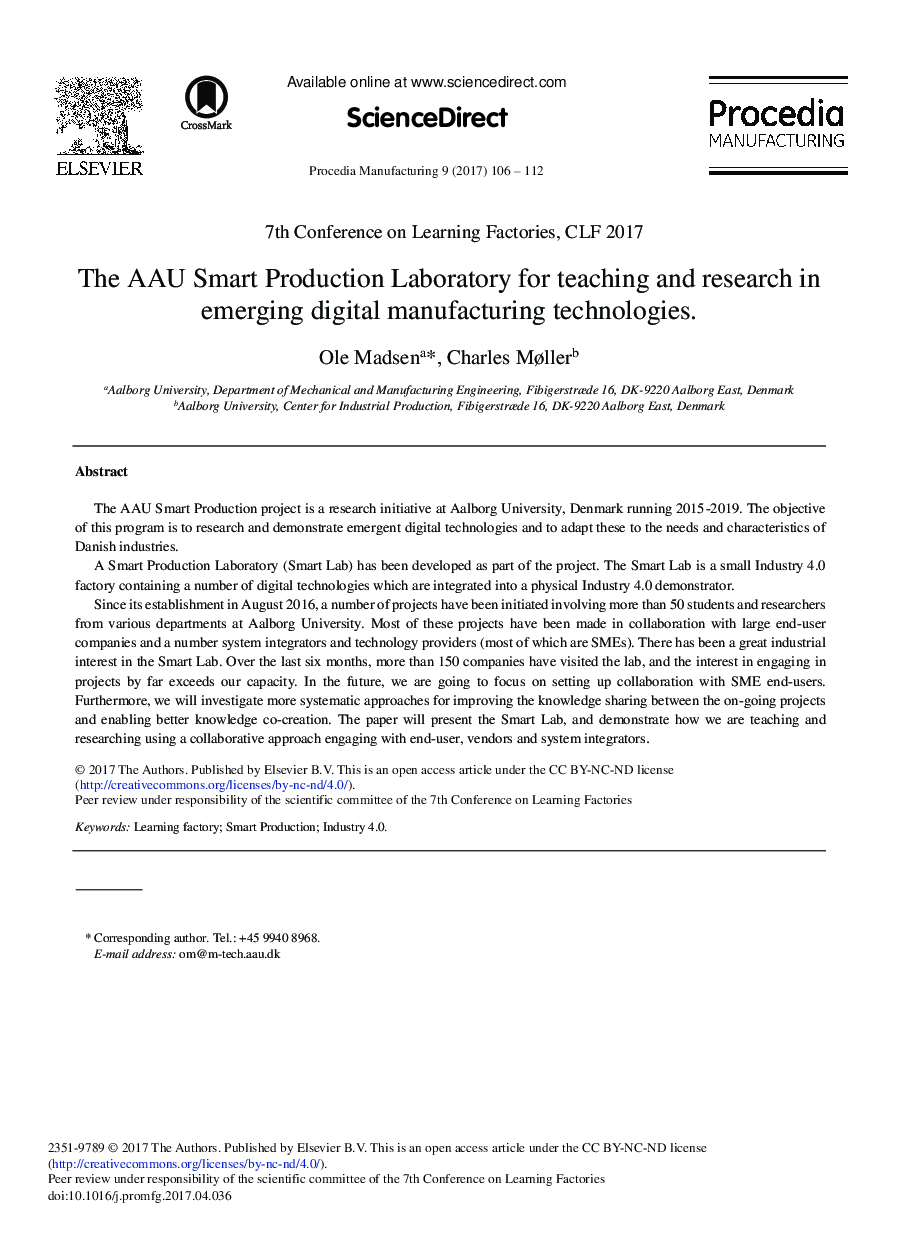 The AAU Smart Production Laboratory for Teaching and Research in Emerging Digital Manufacturing Technologies