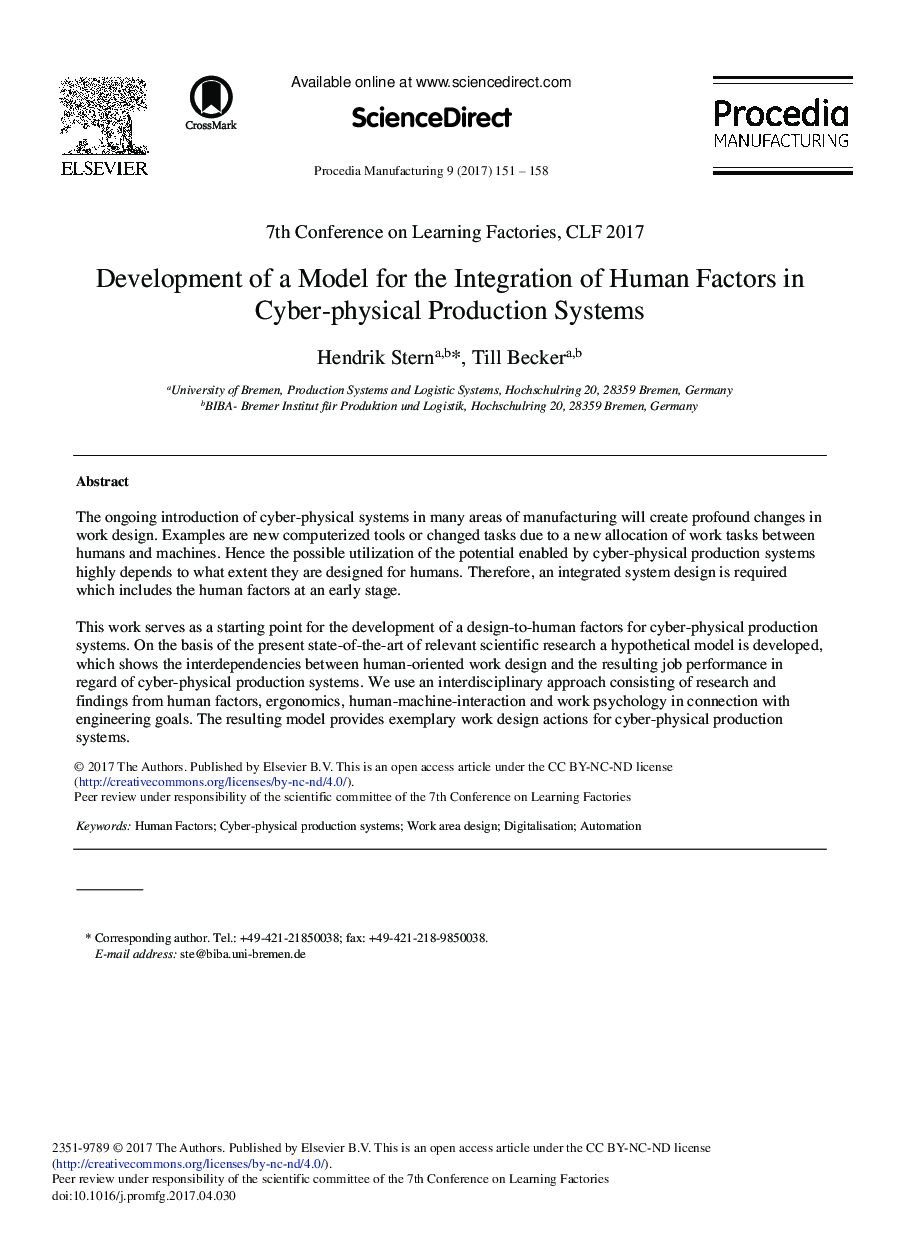 Development of a Model for the Integration of Human Factors in Cyber-physical Production Systems
