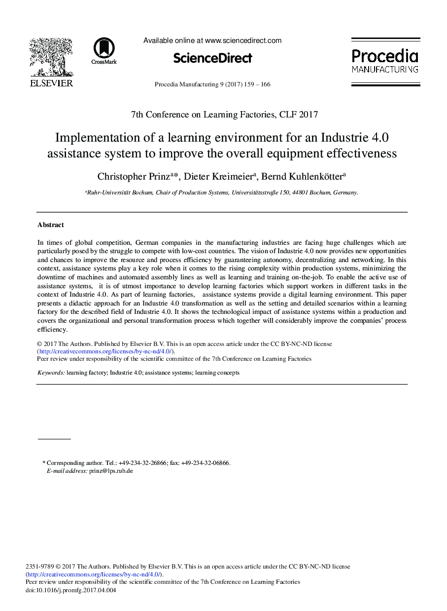 Implementation of a Learning Environment for an Industrie 4.0 Assistance System to Improve the Overall Equipment Effectiveness