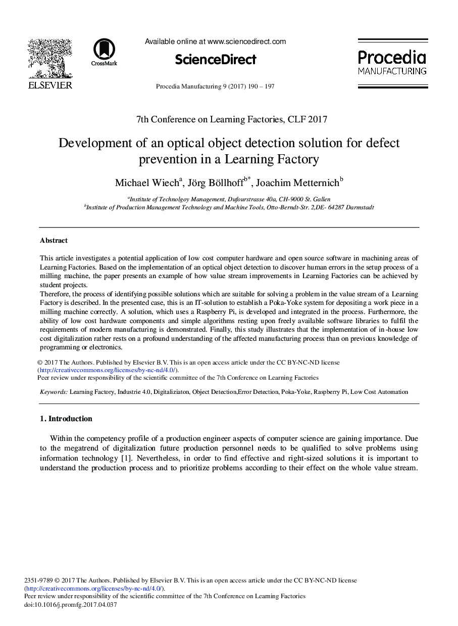 Development of an Optical Object Detection Solution for Defect Prevention in a Learning Factory