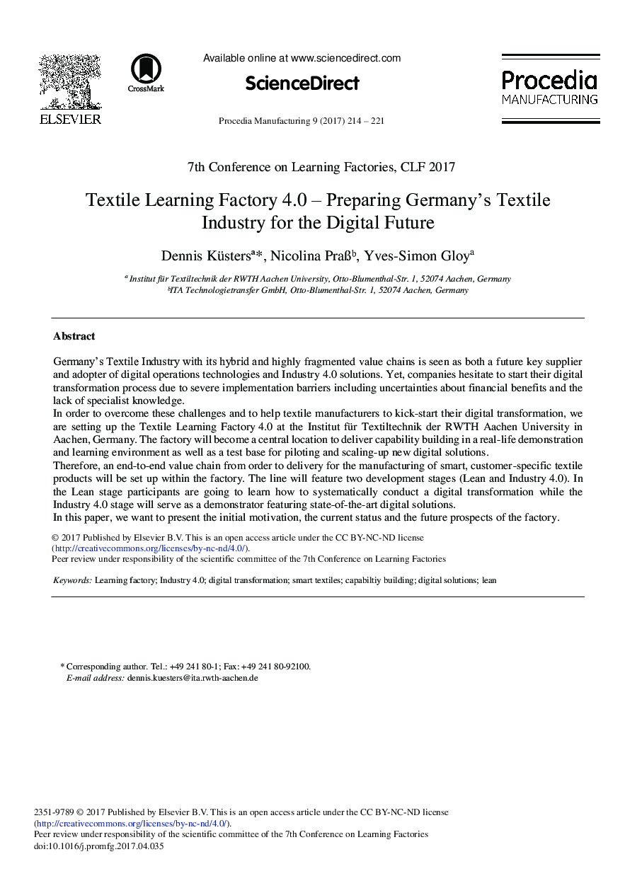 Textile Learning Factory 4.0 - Preparing Germany's Textile Industry for the Digital Future