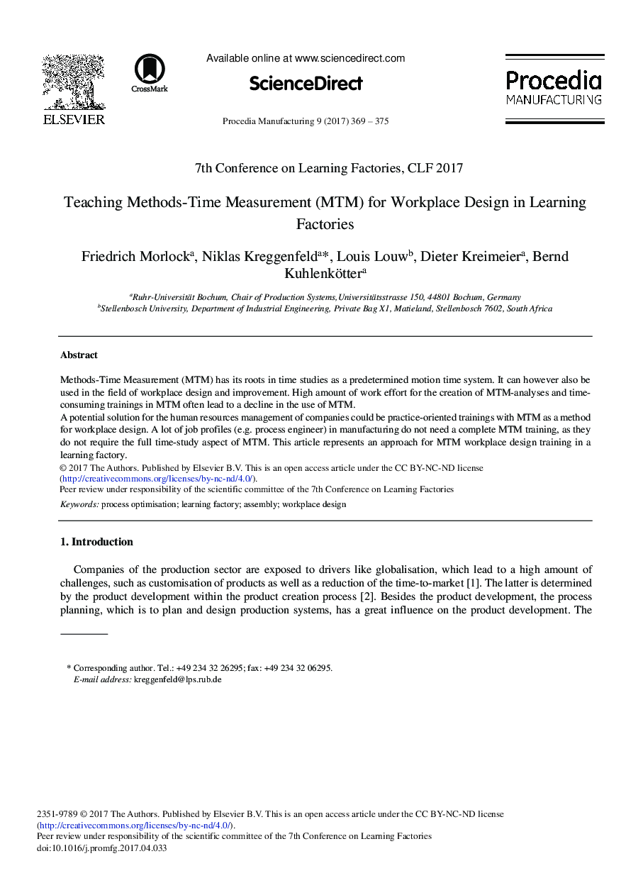 Teaching Methods-Time Measurement (MTM) for Workplace Design in Learning Factories