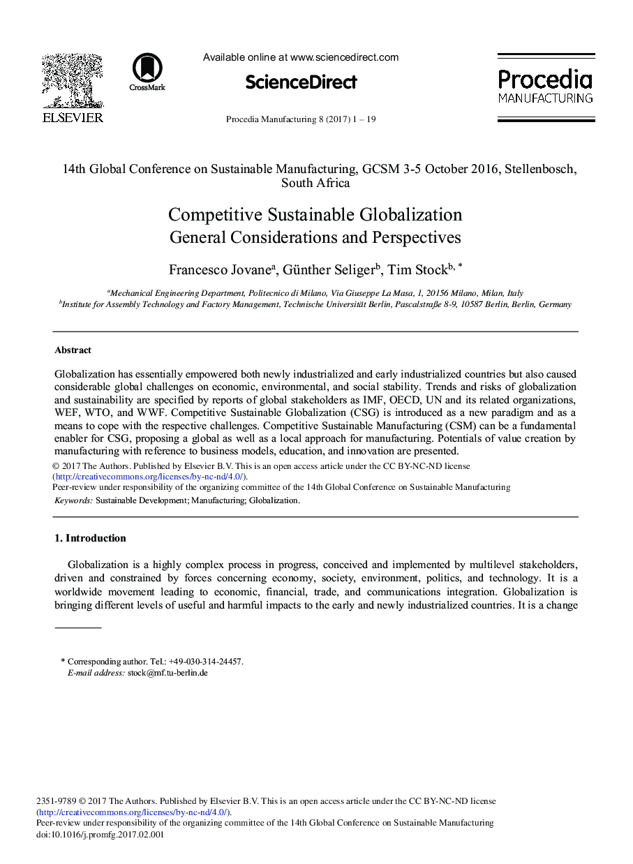 Competitive Sustainable Globalization General Considerations and Perspectives