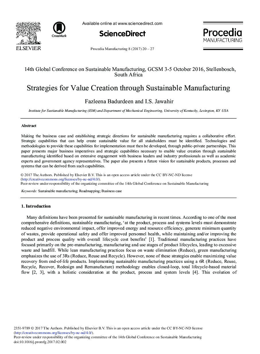 Strategies for Value Creation Through Sustainable Manufacturing