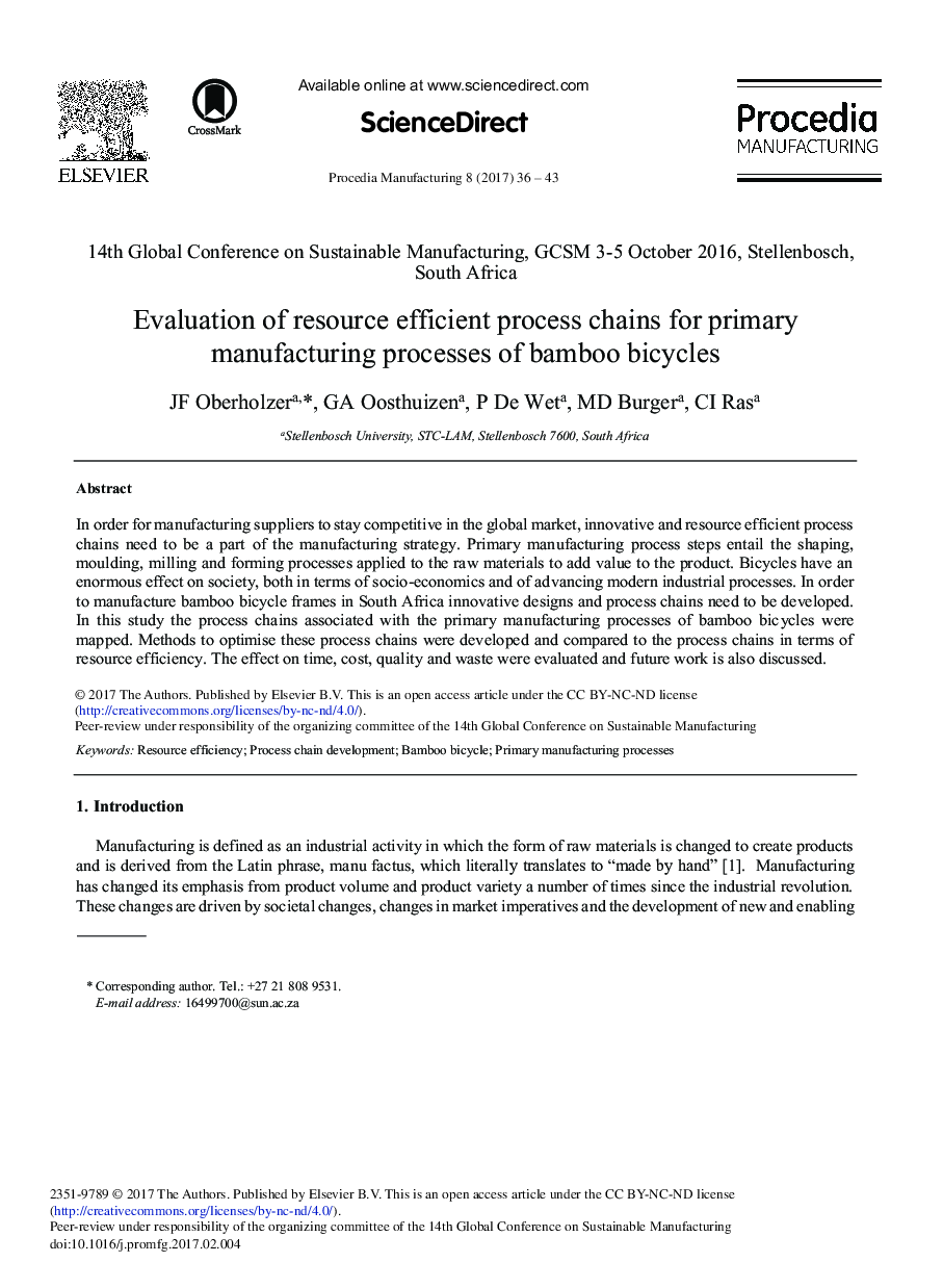 Evaluation of Resource Efficient Process Chains for Primary Manufacturing Processes of Bamboo Bicycles