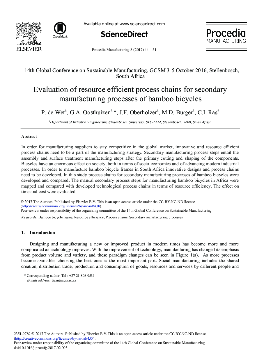 Evaluation of Resource Efficient Process Chains for Secondary Manufacturing Processes of Bamboo Bicycles