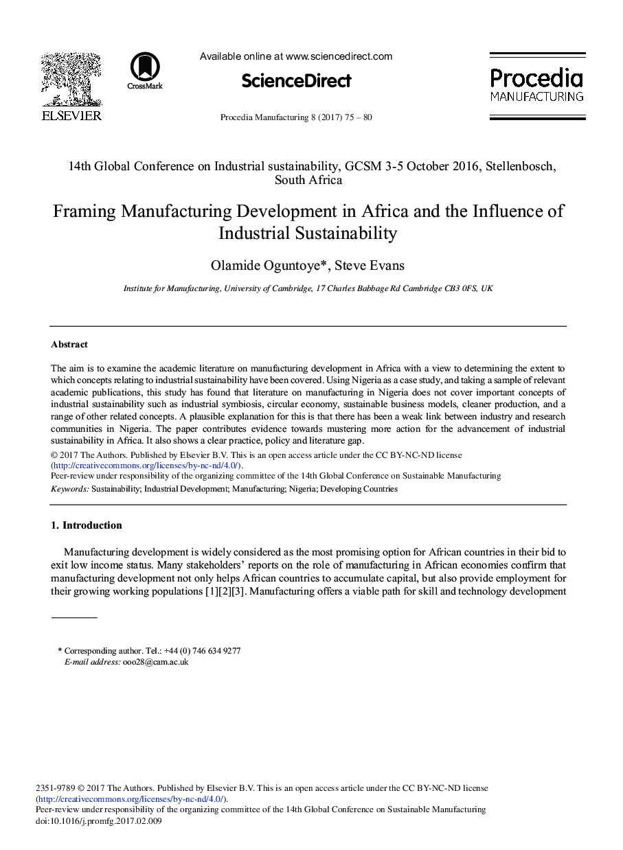 Framing Manufacturing Development in Africa and the Influence of Industrial Sustainability