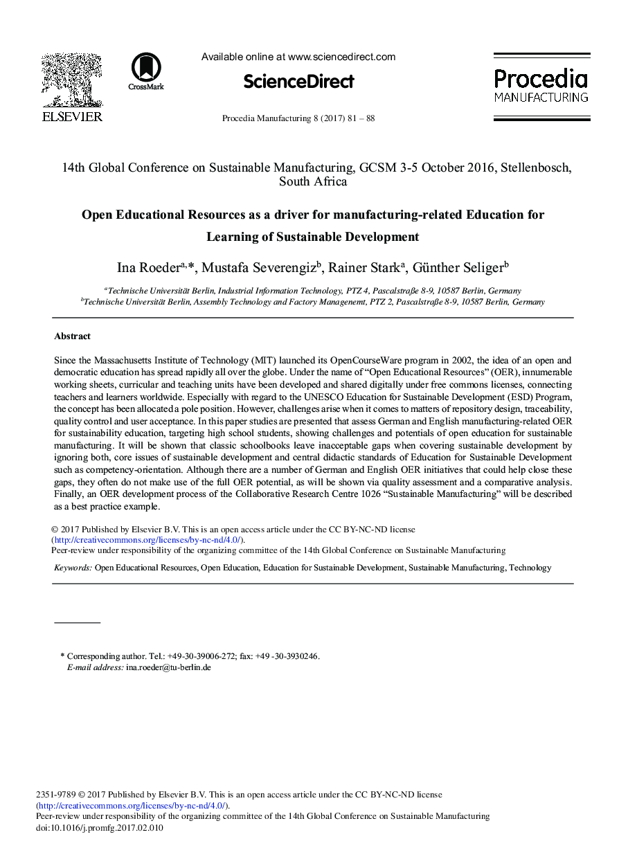 Open Educational Resources as a Driver for Manufacturing-related Education for Learning of Sustainable Development