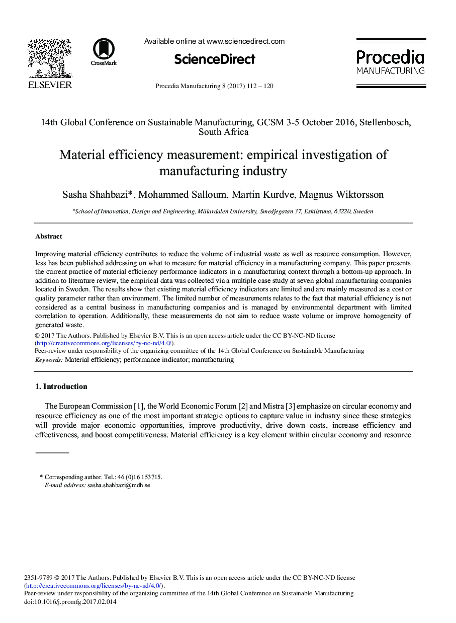 Material Efficiency Measurement: Empirical Investigation of Manufacturing Industry