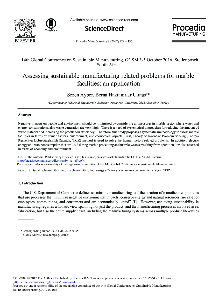 Assessing Sustainable Manufacturing Related Problems for Marble Facilities: An Application