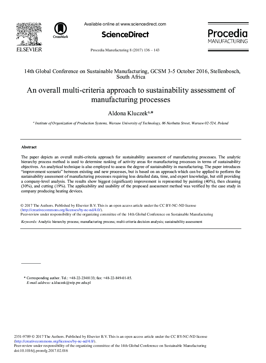 An Overall Multi-criteria Approach to Sustainability Assessment of Manufacturing Processes