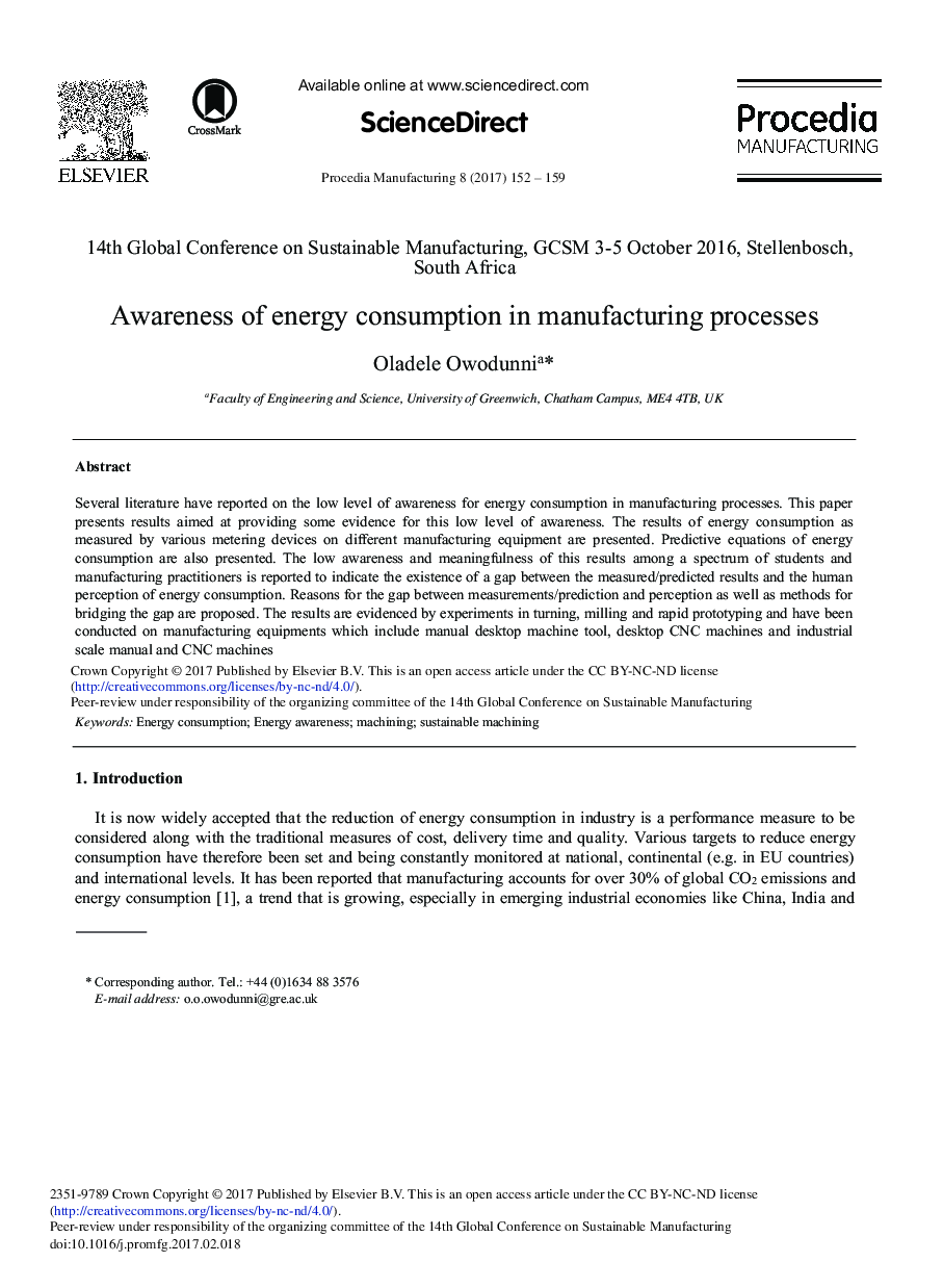 Awareness of Energy Consumption in Manufacturing processes