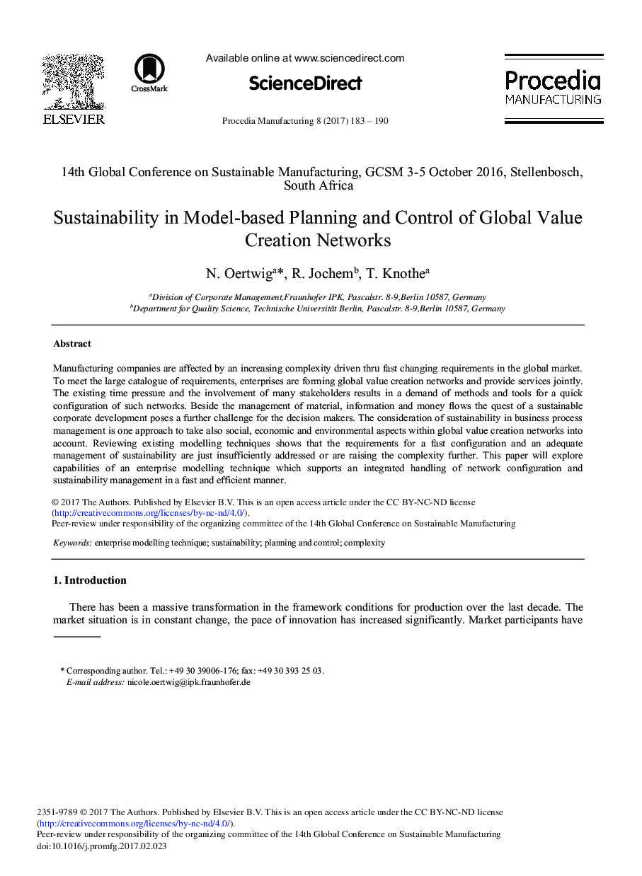 Sustainability in Model-based Planning and Control of Global Value Creation Networks