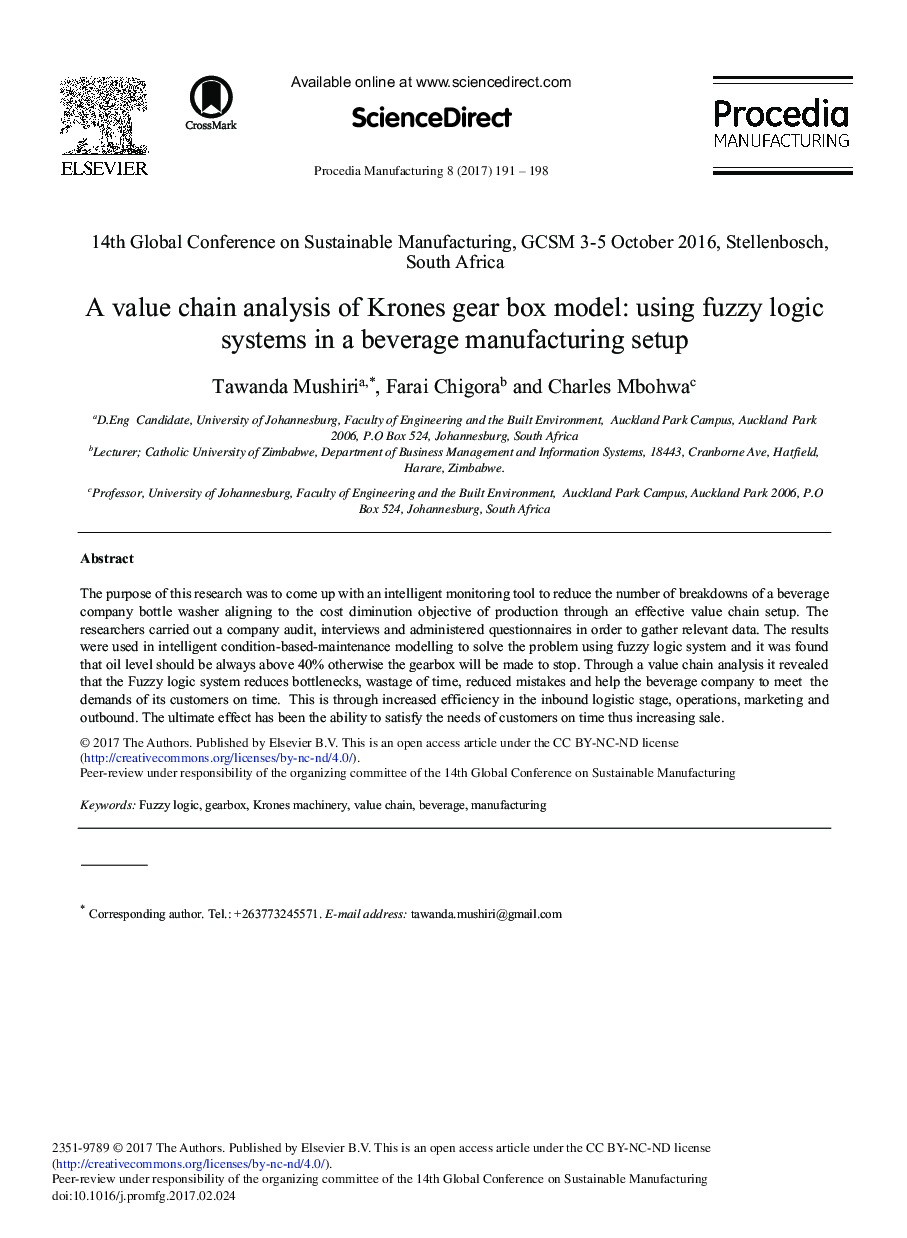 A Value Chain Analysis of Krones Gear Box Model: Using Fuzzy Logic Systems in a Beverage Manufacturing Setup