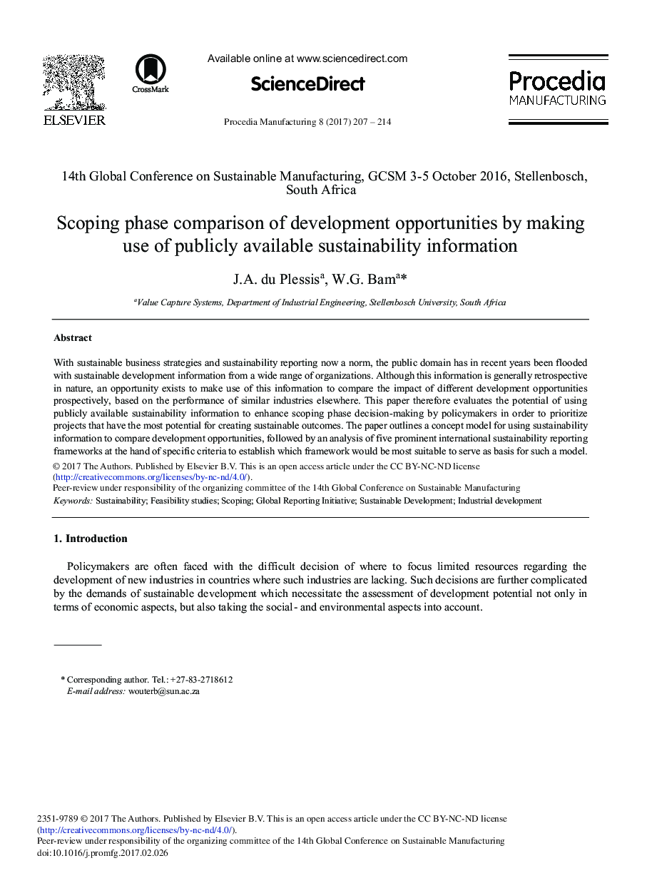 Scoping Phase Comparison of Development Opportunities by Making Use of Publicly Available Sustainability Information