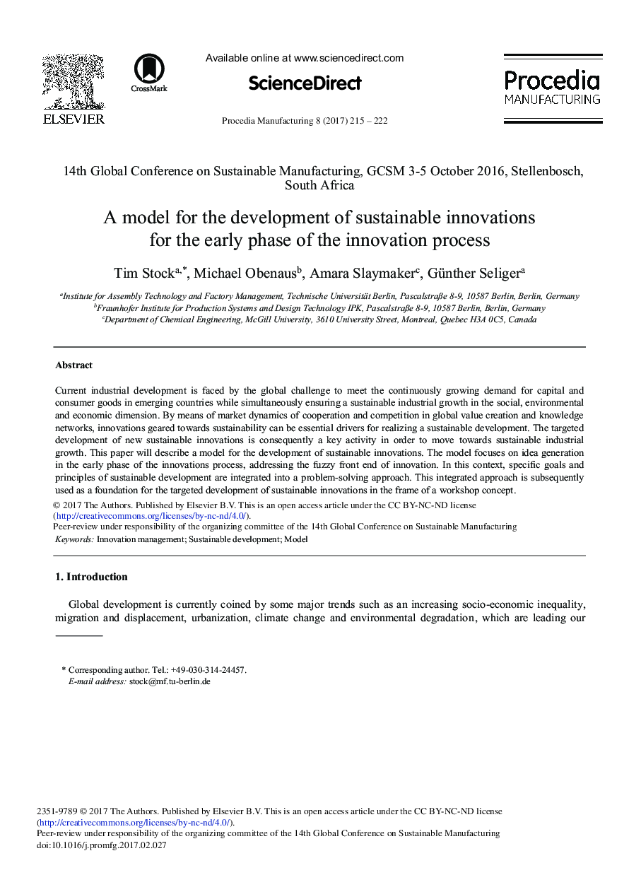 A Model for the Development of Sustainable Innovations for the Early Phase of the Innovation Process