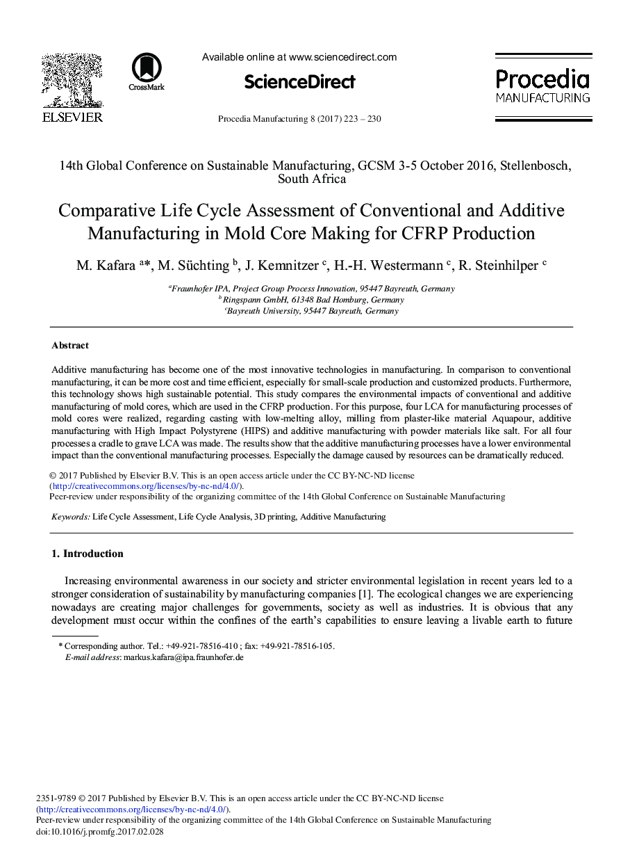 Comparative Life Cycle Assessment of Conventional and Additive Manufacturing in Mold Core Making for CFRP Production