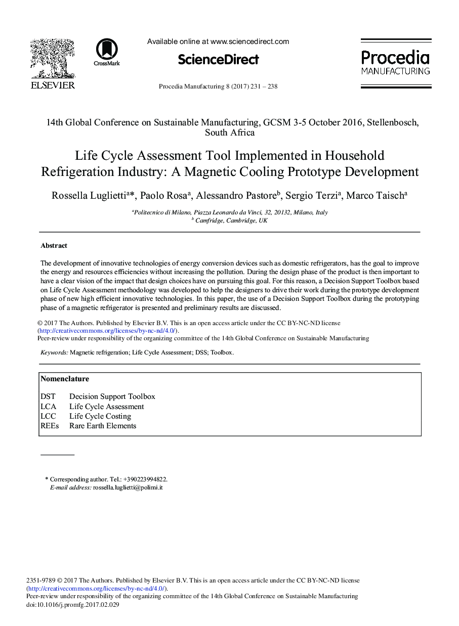 Life Cycle Assessment Tool Implemented in Household Refrigeration Industry: A Magnetic Cooling Prototype Development