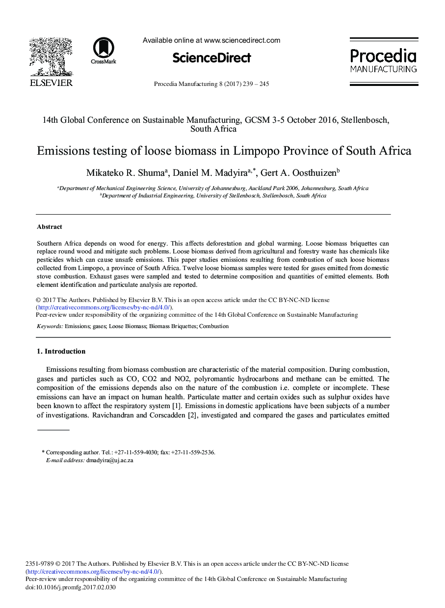 Emissions testing of loose biomass in Limpopo Province of South Africa
