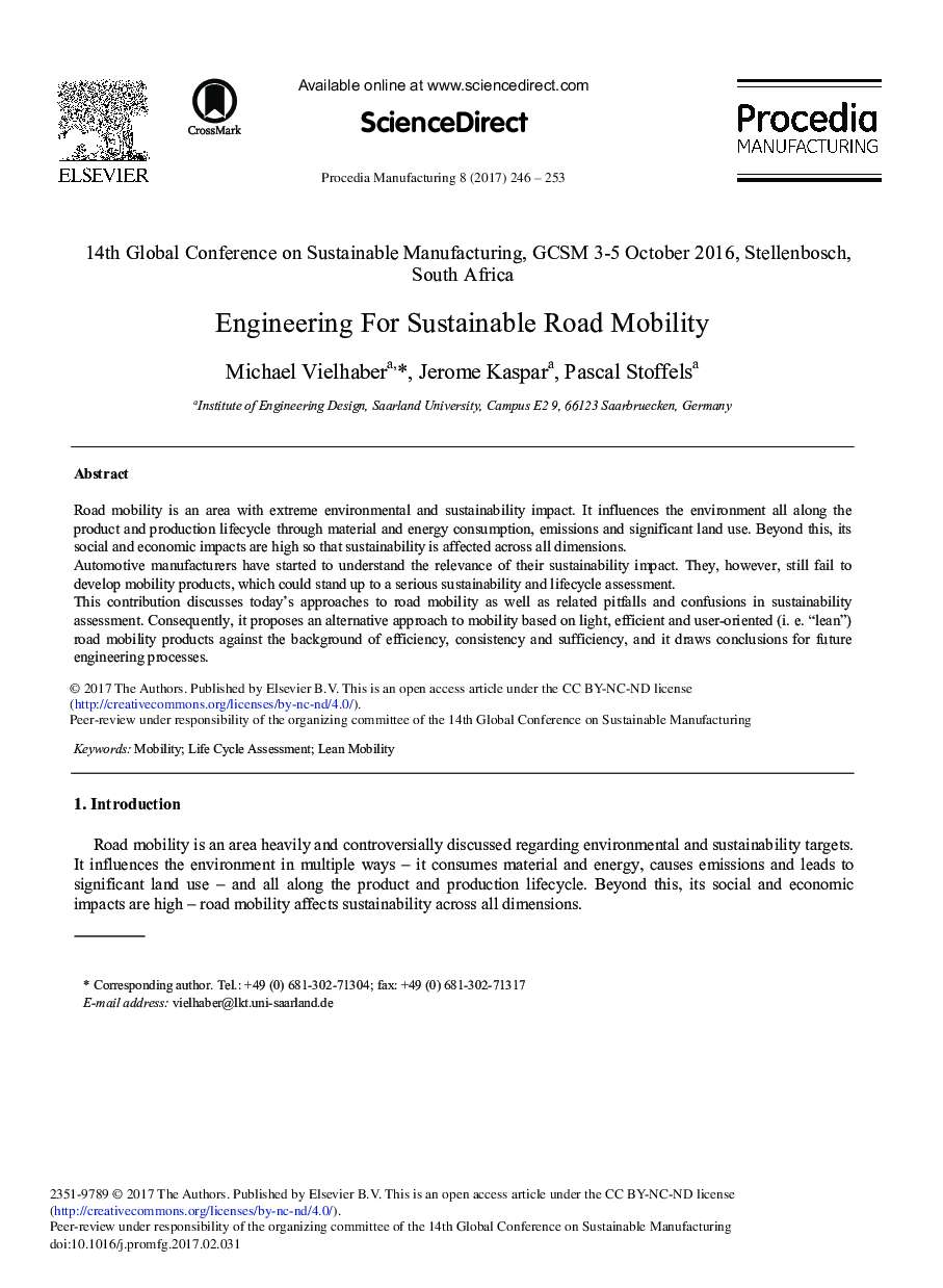 Engineering For Sustainable Road Mobility