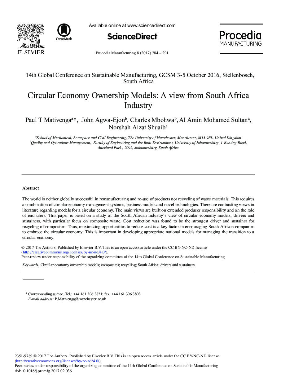 Circular Economy Ownership Models: A view from South Africa Industry