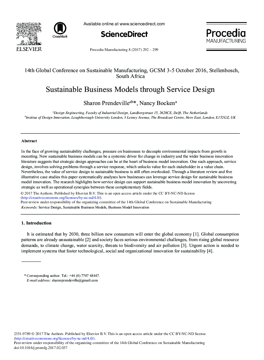 Sustainable Business Models through Service Design